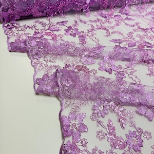 Tissu en dentelle florale lilas par mètre, broderie avec cordon, tissu à paillettes non extensible pour robes de chambre, robe de fille, voile de mariée, décoration d&#39;événement