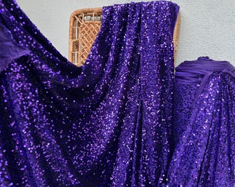 Violet Sequins on Stretch Velvet Fabric, Luxury Violet Sequined Fabric by the yard for Dresses Gowns, Bows, Dance Wear, 2 Way Stretch Velvet
