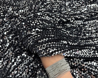 Silver Sequin Fabric on Black Stretch Velvet, for Elegant Dresses, Gowns and Decor All Over Sequins Black Shiny Material