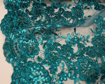 Emerald Green Lace • Sequin Floral Applique • Gala Textile Yardage • Scalloped Edge