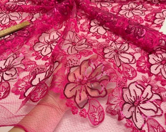 Fuchsia Floral Sequin Embroidered Lace Fabric, Bright Pink Mesh, DIY Gowns