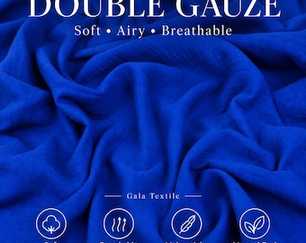 Royal Blue Double Gauze Fabric by the Yard, 100% Cotton Crinkle Gauze, Soft Breathable Muslin for Clothing, Baby Swaddles and Home Sewing
