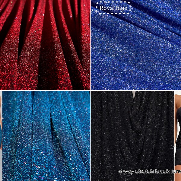 4 Way Stretch Multi Glitter Spandex For Dressmaking, Sparkly Nylon Spandex Knit Shimmery Dance Wear Super Stretch Burgundy Black Blue Fabric