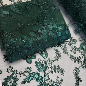 Hunter Green Floral Lace Fabric by yard Embroidery Corded With Sequins Fabric Non Stretch Green Sequined Embroidered On Lace Bridal Gowns
