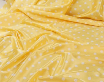 Banana Yellow and White Polka Dot Satin Fabric by the Yard, Soft Lightweight Polyester Spandex Dress Fabric, Banana Yellow, 58/60” 90 GSM