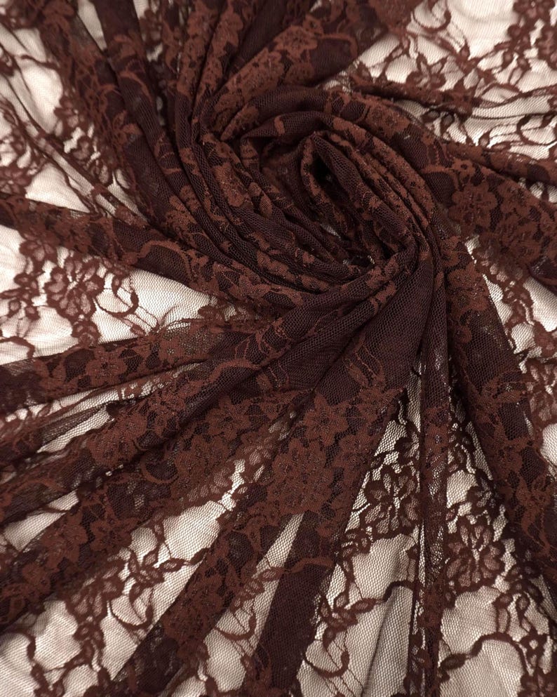 Brown Floral Lace Fabric by the Yard, Vintage Stretch Laces for Lingerie, 60" Wide Nylon Spandex, 80 GSM Mesh, Bridal & Newborn Photo Lace image 3