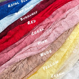 Vintage Floral Stretch Lace Fabrics In Multiple Colors Including Pink, White, Black, Yellow, And Burgundy By GalaTextile For Lingerie And Bridal Projects.