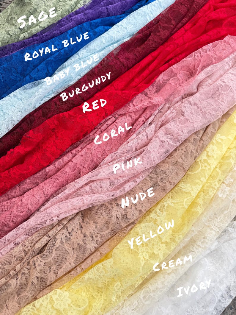 Vintage Floral Stretch Lace Fabrics In Multiple Colors Including Pink, White, Black, Yellow, And Burgundy By GalaTextile For Lingerie And Bridal Projects.