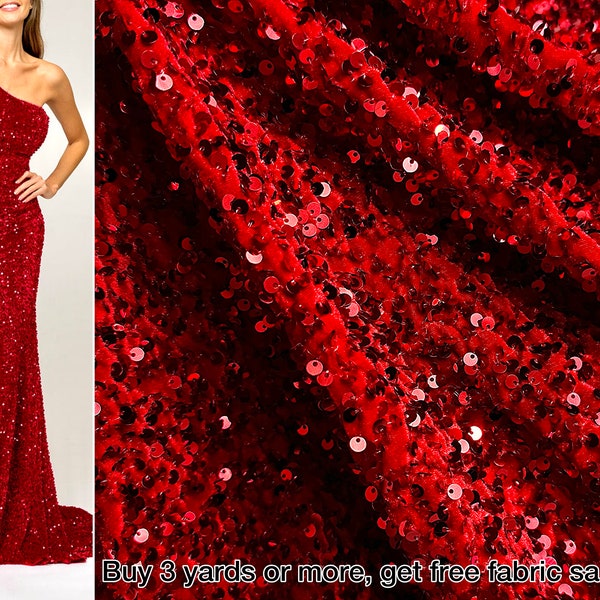 Paillettes rouges luxueuses sur tissu velours extensible, velours Stephanie avec éclat, parfait pour les robes, les robes de chambre, les noeuds le prix le plus bas !