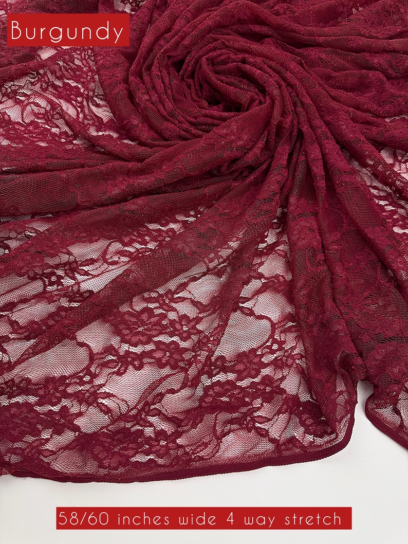Wine red floral stretch lace for boudoir intimates and evening gown overlays. 60-inch wide premium nylon spandex mesh fabric.