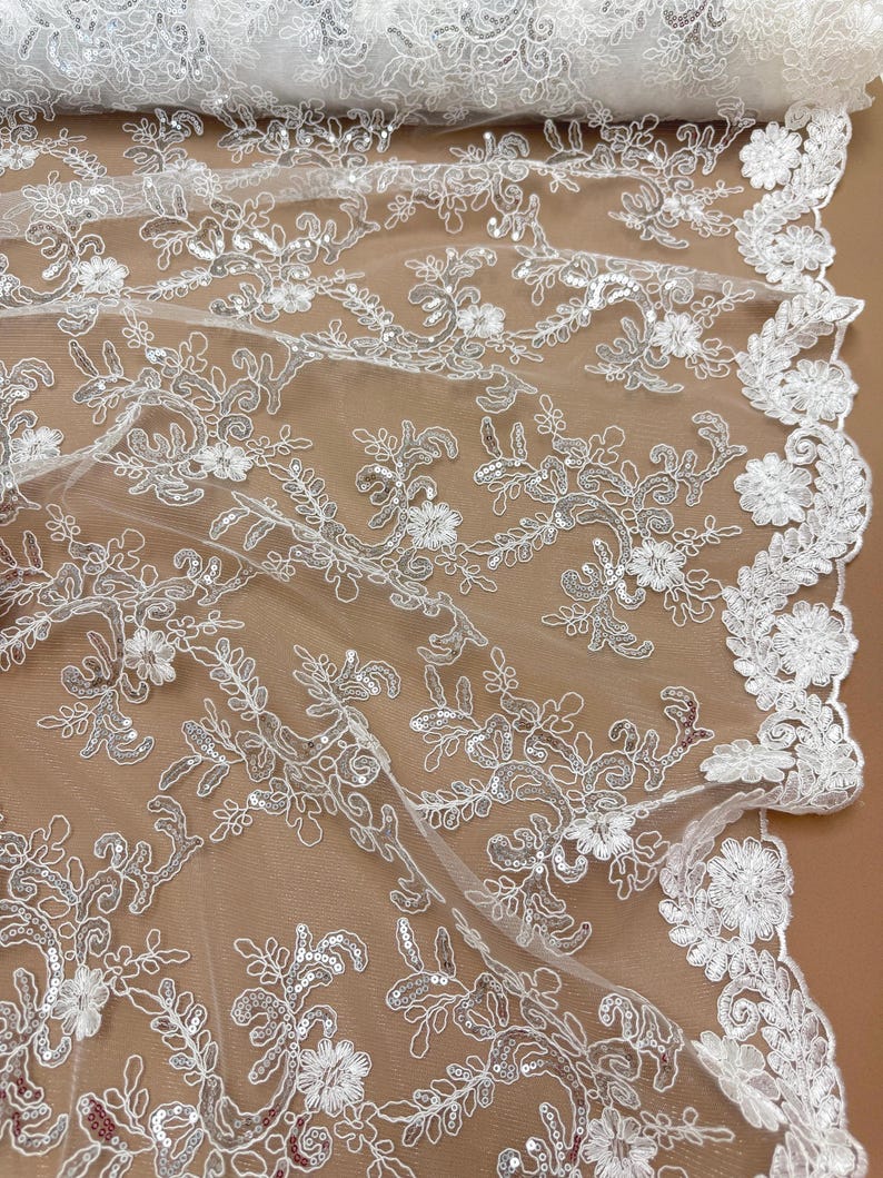 Image result for White Floral Lace Fabric by Yard Embroidery Corded Lace With Sequins ...