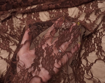 Chocoladebruine, in vier richtingen rekbare kanten stof, op maat gesneden, zachte, doorschijnende meshstof met bloemenprint voor bodysuits, jurken, lingerie en kostuums, 152 cm