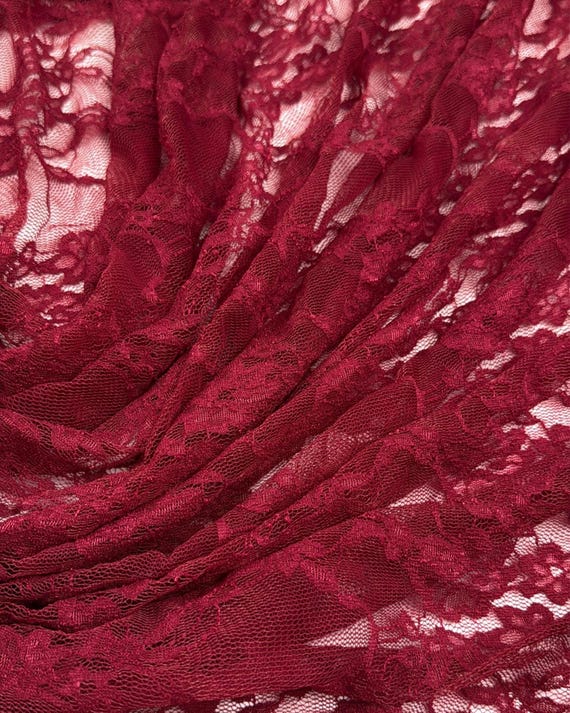 Burgundy Floral Stretch Lace Fabric by yard, Dark Red 4 Way Stretch Nylon Spandex Sheer Vintage Soft for Dress, Gowns, Lingerie, Overlays