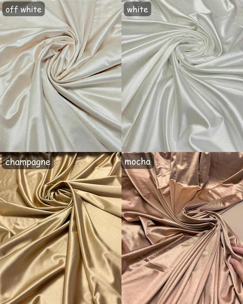 K&ouml;nnte beinhalten: Vier Stoffproben aus Satin in verschiedenen Farben: Off-White, Wei&szlig;, Champagner und Mokka.