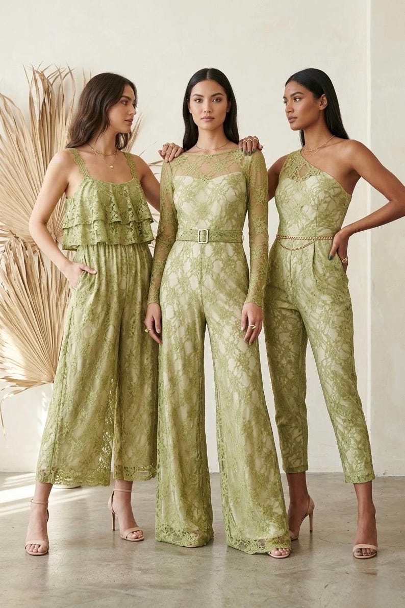 Three women wearing green lace jumpsuits. The jumpsuits have different styles: one with a ruffled top, one with long sleeves and a belt, and one with a one-shoulder design. They are standing in front of a neutral background.