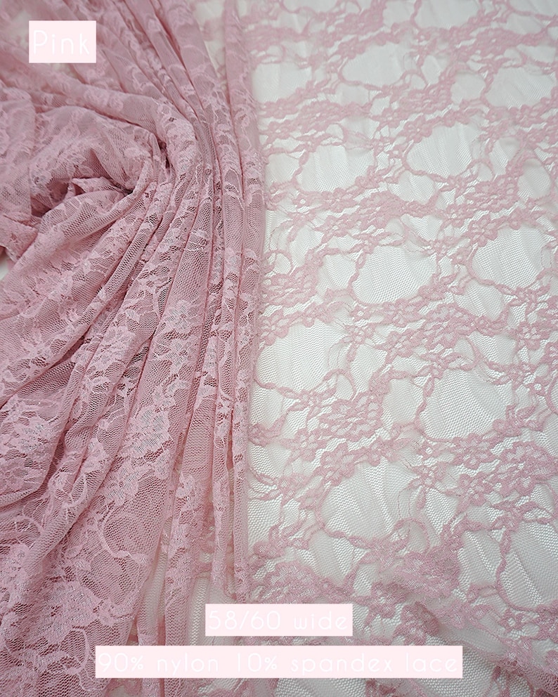 Soft rose pink floral stretch lace for newborn photography props and infant swaddles. Delicate 80 GSM vintage style lace by GalaTextile.