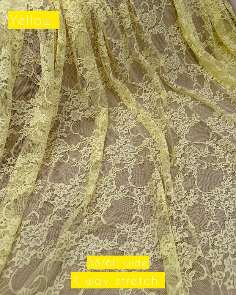 Bright lemon yellow floral stretch mesh for modern fashion and apparel. High-recovery 60-inch wide lace for summer tops and DIY sewing.