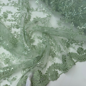Floral Sage Green Lace Fabric by yard Embroidery Corded With Sequins Fabric Non Stretch Sequined Embroidered On Lace Bridal Wedding Gowns