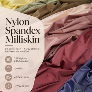 May include: A collection of Nylon Spandex Milliskin fabric in various colors including blue, yellow, olive, beige, pink, and maroon. The text reads Gala Textile, Nylon Spandex Milliskin, 76% Nylon / 24% Spandex, 170 GSM, 62/64 in Wide, 4-Way Stretch.