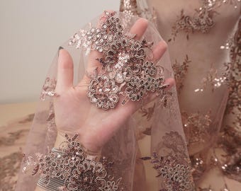 Cinnamon Taupe Sequin Embroidered Lace Fabric by Yard, Floral Bridal Mesh Lace, Couture Evening Gown Fabric, Prom Dress Lace Material