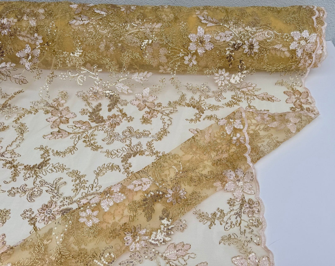 Lace Rool Gold Floral Lace Fabric by Yard, Embroidery Corded Lace Sequined Non ...