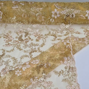 Gold Floral Lace Fabric By Yard, Embroidery Corded Lace Sequined Non Stretch, Yellow Floral Lace for Girls Dresses, Bows, Wedding Dress