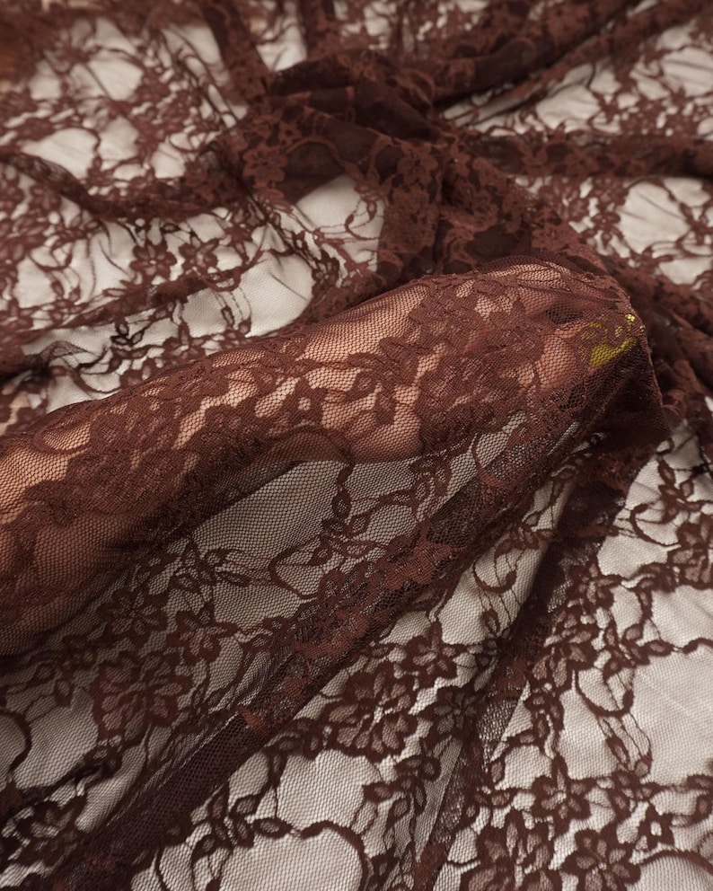 Brown Floral Lace Fabric by the Yard, Vintage Stretch Laces for Lingerie, 60" Wide Nylon Spandex, 80 GSM Mesh, Bridal & Newborn Photo Lace image 1