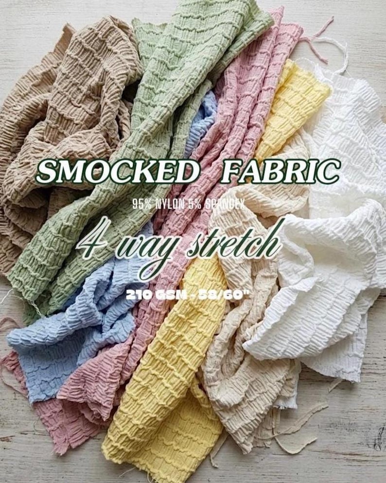 Smocked ruffle knit fabric in 8 pastel and neutral colors. 4-way stretch shirred poly-spandex yardage for apparel and props.