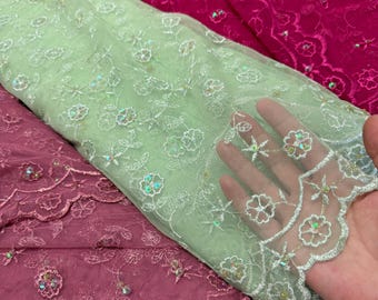 Tela de encaje floral con lentejuelas cortada a medida, encaje de malla de tul bordado para vestidos, vestidos de novia, vestidos de graduación, ropa de noche, material de encaje floral transparente de 56 W