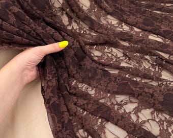 Chocolate Brown 4-Way Stretch Lace Fabric by the Yard, Soft Sheer Floral Mesh for Bodysuits, Dresses, Lingerie and Costumes, 60 Inch
