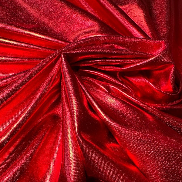 4 way Stretch Red Lame Foil Spandex Metallic Fabric, All Over Foil on Stretch Knit, Perfect for Dance Wear, Costumes, Red Dresses, Leggings