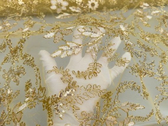 slim fit dress slacks Thin Gold Floral and Sequin Lace Fabric – Butterfly Fabrics NYC main image 0