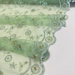 Peut inclure: Un rouleau de tissu en dentelle vert clair avec des motifs floraux et &eacute;toil&eacute;s brod&eacute;s. Le tissu pr&eacute;sente des paillettes iris&eacute;es et un bord festonn&eacute; avec du fil argent&eacute;. Le design d&eacute;licat convient &agrave; l'artisanat et aux v&ecirc;tements.