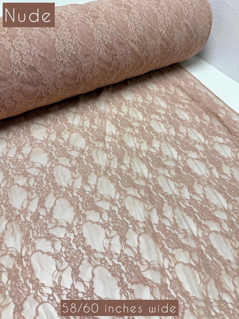 Nude taupe floral stretch lace fabric for lingerie making and sheer apparel inserts. Professional grade 4-way stretch nylon spandex.