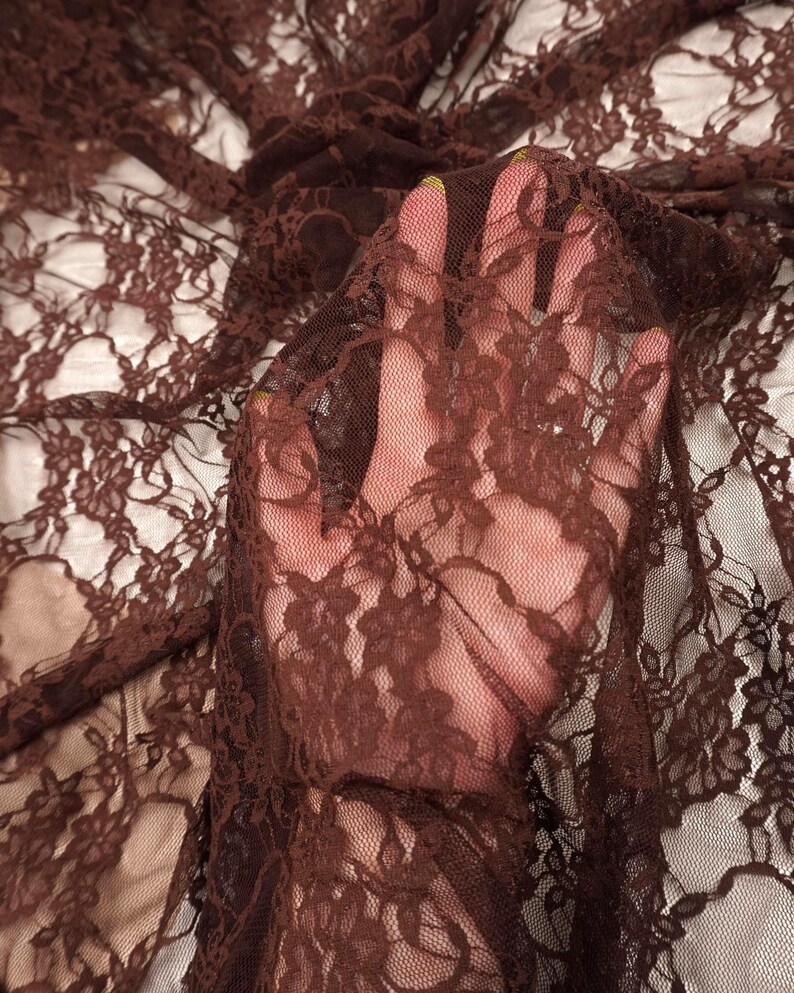 Brown Floral Lace Fabric by the Yard, Vintage Stretch Laces for Lingerie, 60" Wide Nylon Spandex, 80 GSM Mesh, Bridal & Newborn Photo Lace image 2