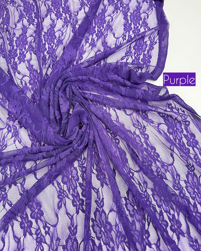 May include: A close-up of a vibrant purple lace fabric. The fabric is intricately patterned with floral designs and is gathered in soft folds. The word "Purple" is displayed in a white box in the upper right corner.