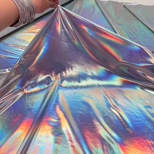 Silver Hologram Foil Spandex Fabric by Yard, Iridescent Mirror Stretch Material, 4-Way Stretch Metallic Fabric for Costumes, Dancewear 60&#39;w