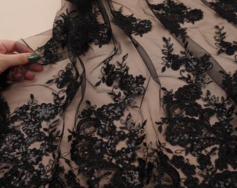 Black Sequin Floral Lace Fabric by the Yard, Shiny Embroidered Mesh, Floral Applique for Gown, Bridal, Party Dress