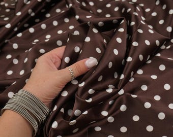 Chocolate Brown and Ivory Polka Dot Satin Fabric, Soft Lightweight Polyester Spandex Dress Fabric, 58/60” Wide, By the Yard 90 GSM