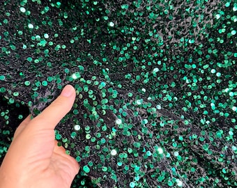 Hunter Green Sequins on Black Stretch Velvet Fabric, Green Sequin Fabric by yard for Dresses Gowns, Bows, Premium Quality Lowest Price