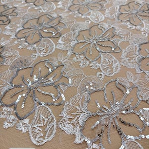 Ivory Floral Silver Sequined Lace Fabric by Yard White Embroidered Mesh Lace for Bridal Wedding Dress, Christening Gown, Table Decor