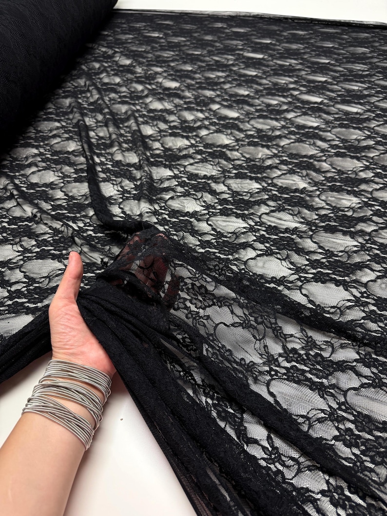 Gothic black floral stretch lace for coquette aesthetic tops and lingerie. High-density 80 GSM floral mesh with superior 4-way stretch.