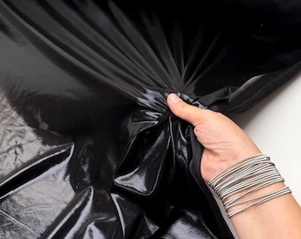 Black Luminous Metallic Stretch Fabric by the Yard, Wet Look Shiny Apparel Fabric 220 GSM