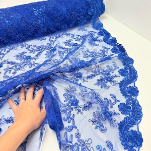 Floral Royal Blue Lace Fabric by yard Embroidery Corded With Sequins Lace Blue Non Stretch Material for Gowns, Veils, Gowns, Table Runner