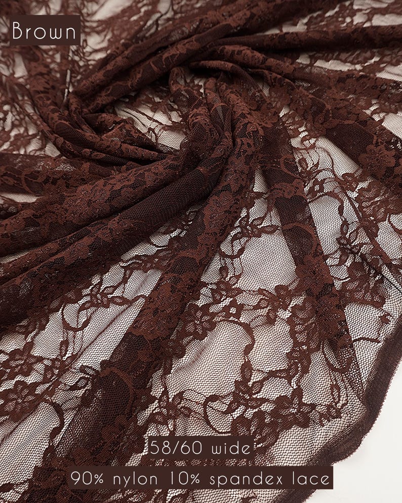 Deep brown vintage floral lace for boho fashion and autumn apparel designs. 80 GSM weight provides excellent recovery and soft texture.