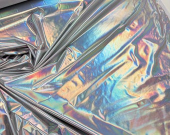 Silver Hologram Foil Spandex Fabric by Yard, Iridescent Mirror Stretch Material, 4-Way Stretch Metallic Fabric for Costumes, Dancewear 60'w