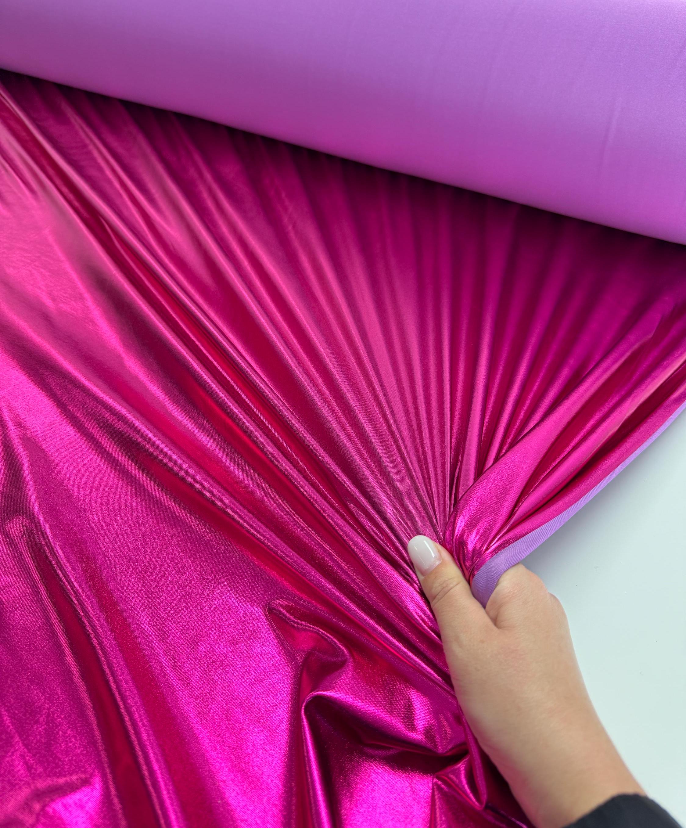 Fuchsia Lame Foil Spandex Fabric by Yard Stretch Pink Metallic Material, All Over Foil Stretch Knit for Dance Wear Costumes Dresses Leggings