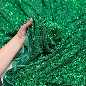 Emerald Green Sequins on Stretch Velvet, Green Sparkle Fabric by the yard Sequence Material for Dresses Gowns, Bows, Christmas Crafts DIY