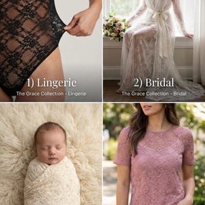 May include: A collage of four images showcasing different types of apparel. The images include a black lace bodysuit, a white lace bridal gown, a swaddled newborn baby, and a pink lace top. The text in the image reads "Lingerie", "Bridal", "Newborn", and "Fashion".