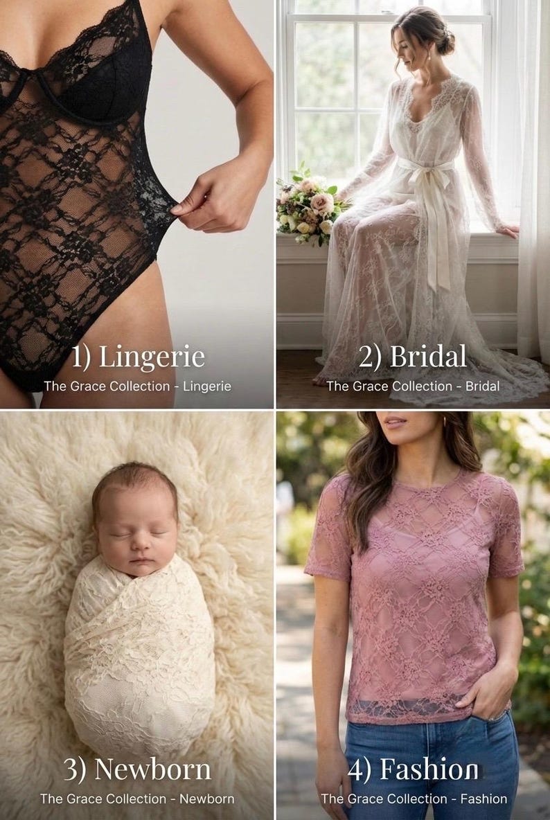 May include: A collage of four images showcasing different types of apparel. The images include a black lace bodysuit, a white lace bridal gown, a swaddled newborn baby, and a pink lace top. The text in the image reads "Lingerie", "Bridal", "Newborn", and "Fashion".